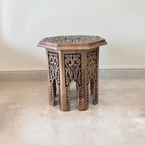 Maraş El Oyma Ceviz Ahşap Yan Sehpa 44x44x46 cm | El Yapımı Dekoratif Sehpa Eskitme