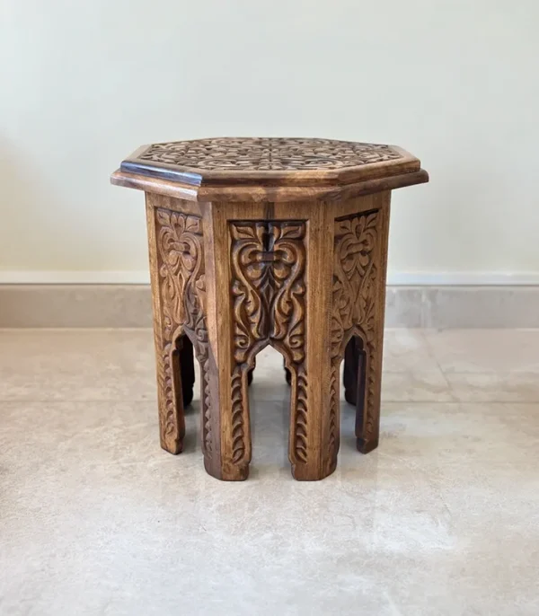 Maraş El Oyma Ceviz Ahşap Yan Sehpa 44x44x46 cm | El Yapımı Dekoratif Sehpa Natural - Görsel 3