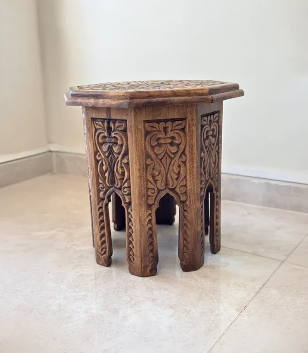 Maraş El Oyma Ceviz Ahşap Yan Sehpa 44x44x46 cm | El Yapımı Dekoratif Sehpa Natural - Görsel 7