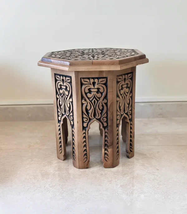 Maraş El Oyma Ceviz Ahşap Yan Sehpa 44x44x46 cm | El Yapımı Dekoratif Sehpa Eskitme - Görsel 2