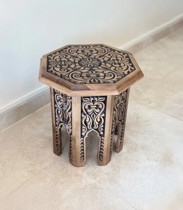 Maraş El Oyma Ceviz Ahşap Yan Sehpa 44x44x46 cm | El Yapımı Dekoratif Sehpa Eskitme - Görsel 5