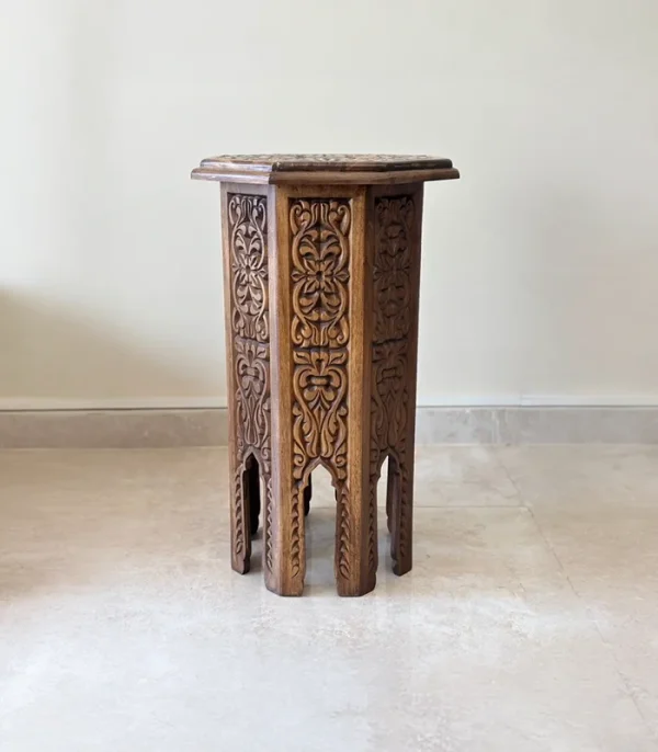 El Oyma Ceviz Ahşap Yan Sehpa 44x44x76 cm | Maraş El İşçiliği Dekoratif Sehpa Natural - Görsel 5