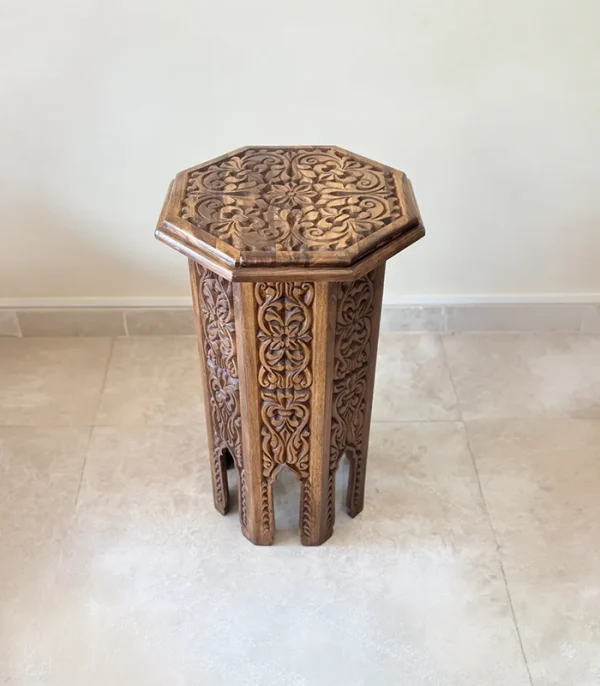 El Oyma Ceviz Ahşap Yan Sehpa 44x44x76 cm | Maraş El İşçiliği Dekoratif Sehpa Natural - Görsel 8