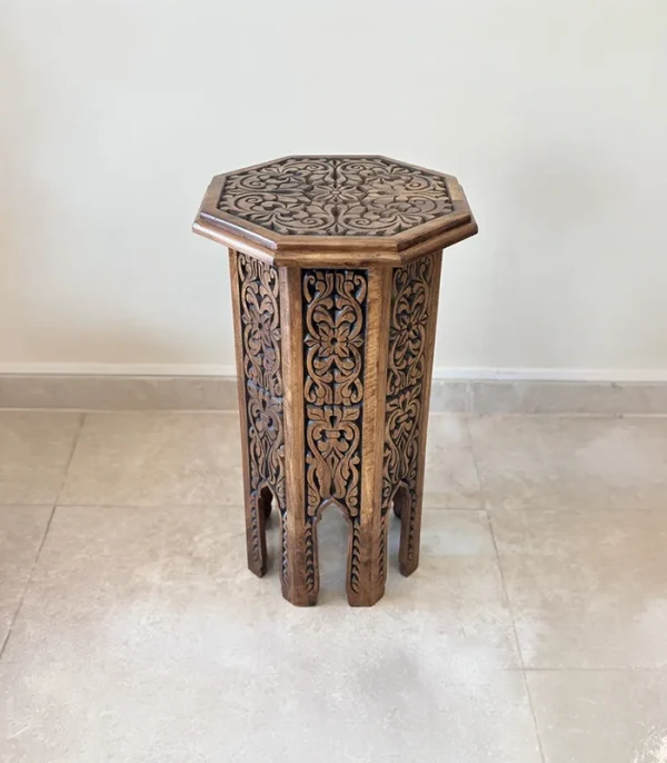 El Oyma Ceviz Ahşap Yan Sehpa 44x44x76 cm | Maraş El İşçiliği Dekoratif Sehpa Eskitme model - Görsel 6