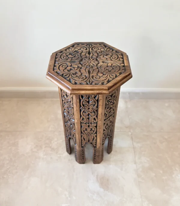 El Oyma Ceviz Ahşap Yan Sehpa 44x44x76 cm | Maraş El İşçiliği Dekoratif Sehpa Eskitme model - Görsel 7