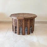Maraş El Oyma Ceviz Ahşap Orta Sehpa – 73x73x47 cm Klasik Desenli El Yapımı Sehpa Natural