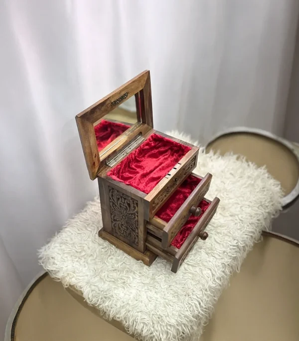 El Oyma Ceviz Ahşap Aynalı Makyaj ve Aksesuar Kutusu 26x17x28 cm | Çekmeceli Takı Kutusu - Görsel 5
