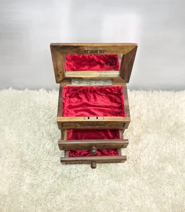 El Oyma Ceviz Ahşap Aynalı Makyaj ve Aksesuar Kutusu 26x17x28 cm | Çekmeceli Takı Kutusu - Görsel 6