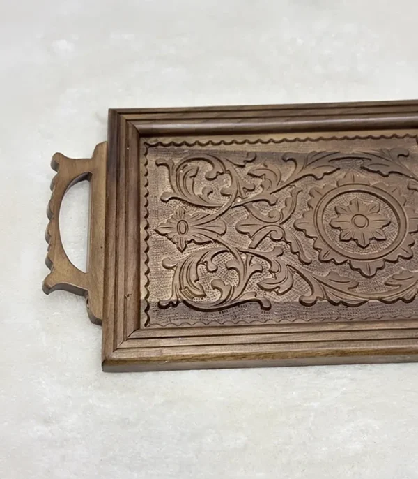 Maraş El Oyma Ceviz Servis Tepsisi – 59x27.5 cm Ahşap Dekoratif Sunum Tepsisi Natural - Görsel 2