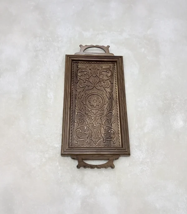 Maraş El Oyma Ceviz Servis Tepsisi – 59x27.5 cm Ahşap Dekoratif Sunum Tepsisi Natural - Görsel 4