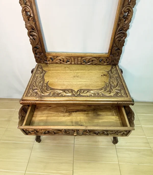 Maraş El Oyma Ceviz Ahşap Dresuar ve Ayna Seti 85x45x85 cm | El Yapımı Dekoratif Dresuar - Görsel 2