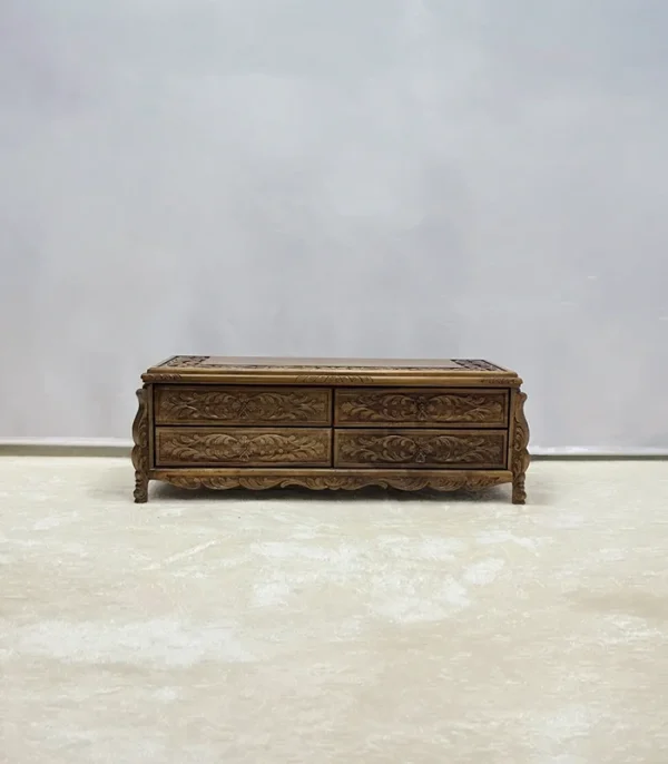 Ceviz El Oyma TV Ünitesi – 4 Çekmeceli Doğal Ahşap Medya Sehpası - 120x50x45 cm - Görsel 2