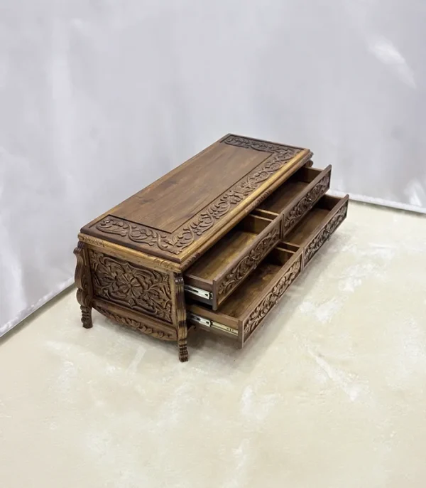 Ceviz El Oyma TV Ünitesi – 4 Çekmeceli Doğal Ahşap Medya Sehpası - 120x50x45 cm - Görsel 6