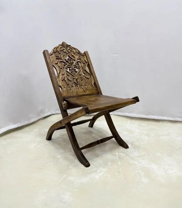 El Oyma Katlanır Ceviz Ahşap Sandalye – 55x50x75 cm Dekoratif El İşçiliği Sandalye | Klasik Model - Görsel 3