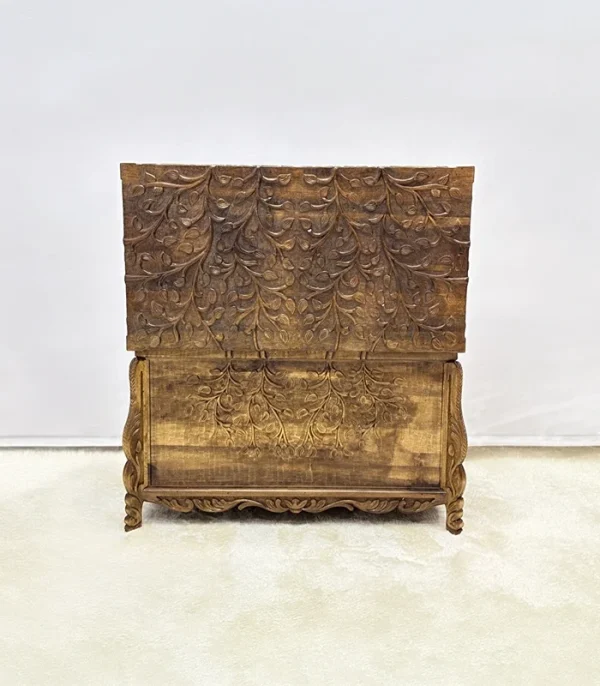 Maraş El Oyma Ceviz Ahşap Çeyiz Sandığı – 95x50x60 cm Büyük Boy Sandık | Hayat Ağacı Model - Görsel 6
