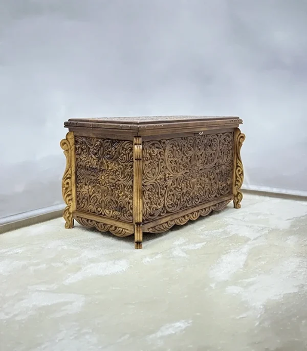 Maraş El Oyma Ceviz Ahşap Çeyiz Sandığı – 95x50x60 cm Büyük Boy Sandık | Ece Natural Model - Görsel 5