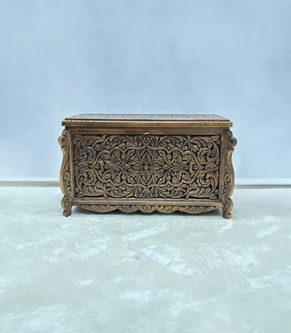 Maraş El Oyma Ceviz Çeyiz Sandığı-95x50x60-ahşap Sandık - Sarmaşık Eskitme - Görsel 5