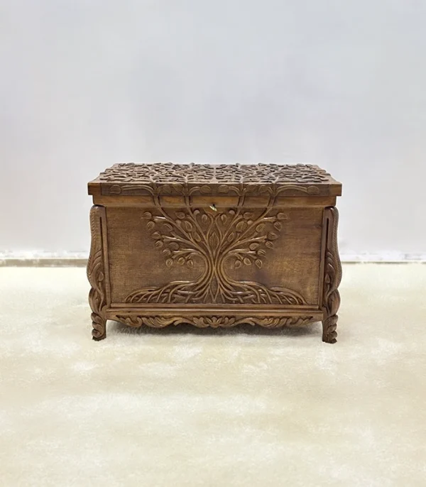 Maraş El Oyma Ceviz Ahşap Çeyiz Sandığı – 83x48x57 Cm Özel Motifli Sandık | Hayat Ağacı Model - Görsel 8