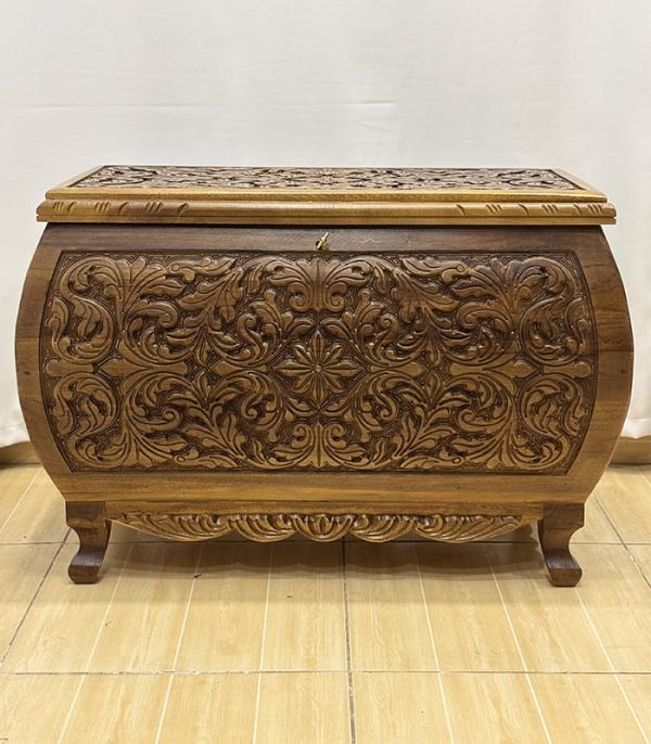 Maraş El Oyma Ceviz Ahşap Büyük Boy Çeyiz Sandığı 92x49x63 cm | Erva Natural Bombeli Model - Görsel 2
