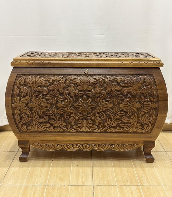 Maraş El Oyma Ceviz Ahşap Büyük Boy Çeyiz Sandığı 92x49x63 cm | Erva Natural Bombeli Model - Görsel 3
