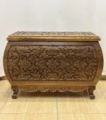 Maraş El Oyma Ceviz Ahşap Büyük Boy Çeyiz Sandığı 92x49x63 cm | Erva Natural Bombeli Model - Görsel 3