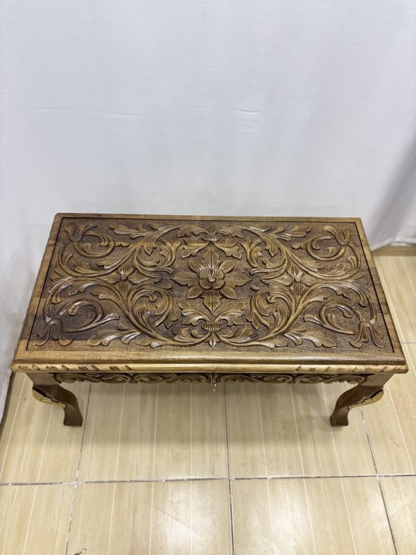 Maraş El Oyma Ceviz Orta Sehpa – 95x50x45 cm Kapaklı Kilitli Sehpa | Natural Model - Görsel 9