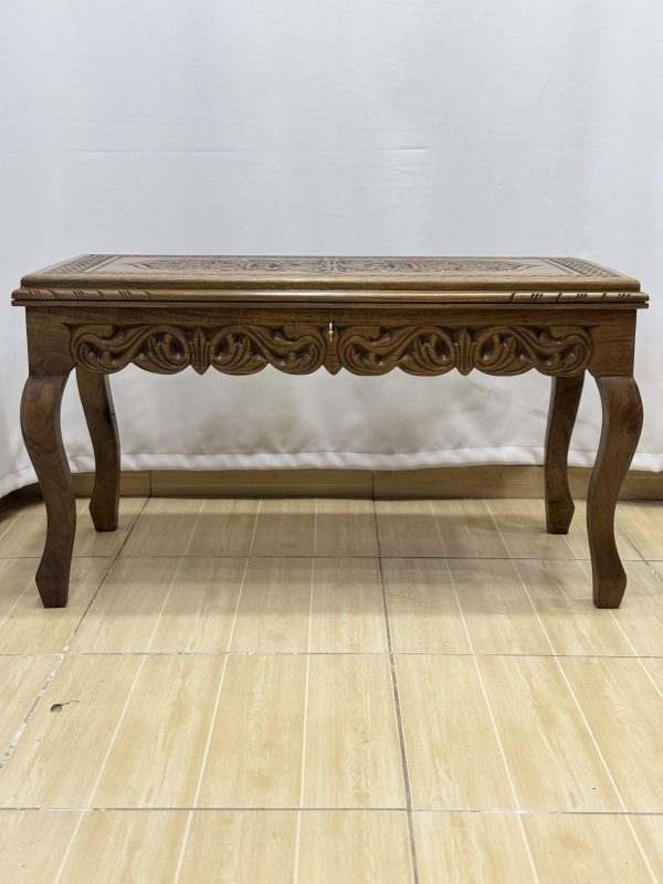 Maraş El Oyma Ceviz Orta Sehpa – 95x50x45 cm Kapaklı Kilitli Sehpa | Ahşap Orta Sehpa - Görsel 4