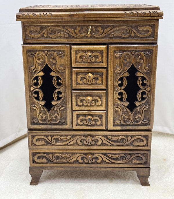Maraş El Oyma Makyaj Konsolu Ahşap 9 Bölmeli El Yapımı Ceviz Takı ve Aksesuar Dolabı 58X38X81 cm - Görsel 2